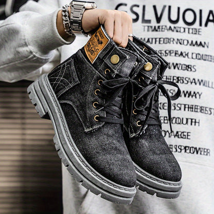 Retro-Style High-Top Sneakers - Casual Canvas Boots Featuring Lace-Up Design, Round Toe, And Beige Laces, Comfortable for All Seasons for Outdoor And Everyday Use, Outdoor Shoes | Retro Sneakers | Sturdy Footwear