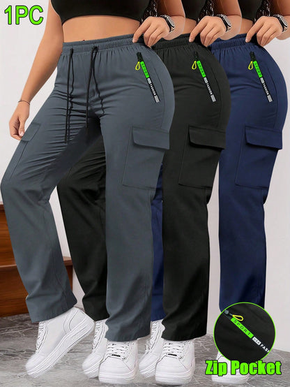 Women'S Spring/Autumn Zipper Pocket Cargo Pants, Fashionable Large Pocket Design, Drawstring Elastic Waist, Casual Outdoor/Daily Wear Slim Fit Trousers