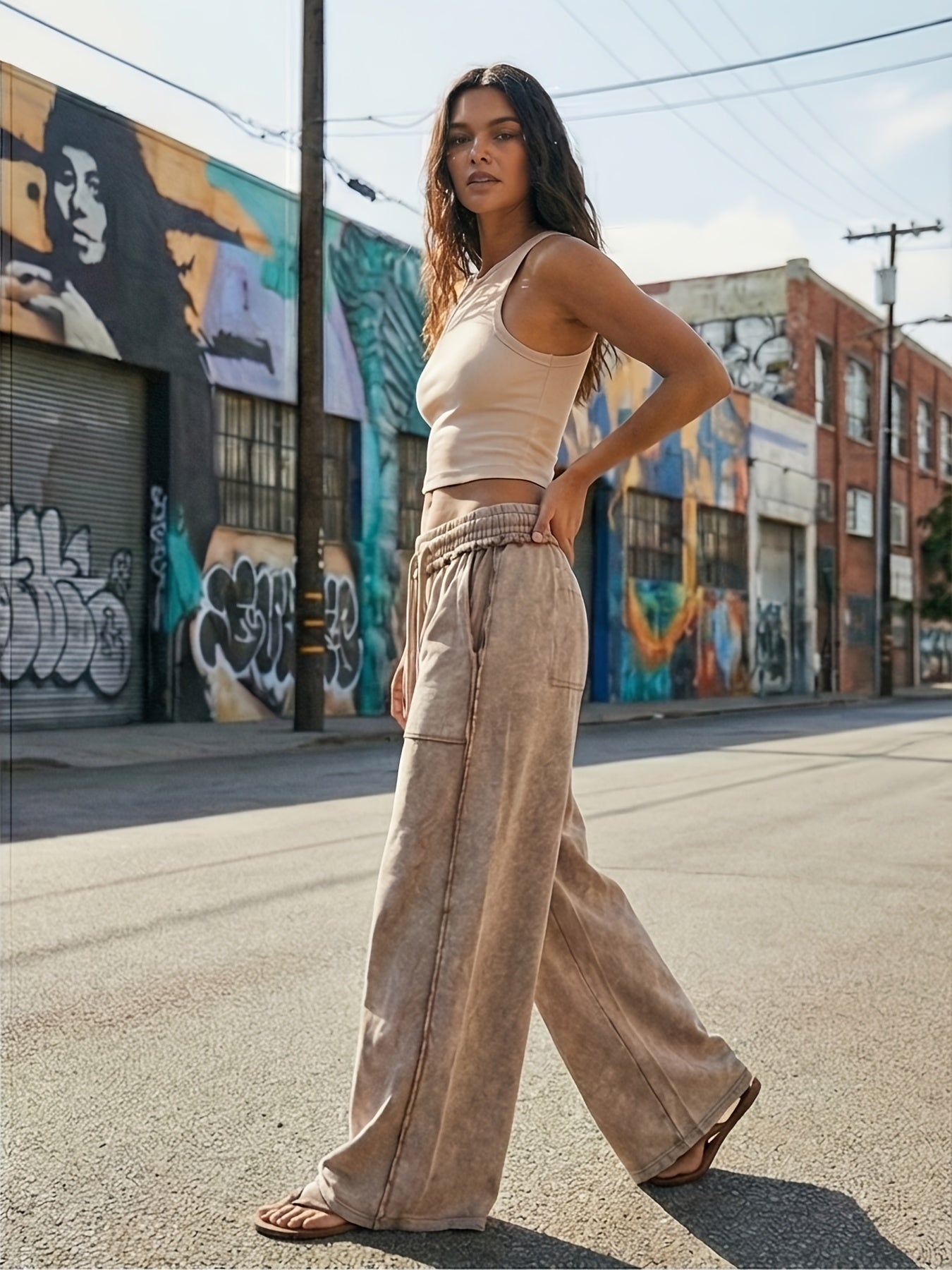 BOHO Ladies' Casual Patchwork Color Loose Wide-Leg Washed Pants