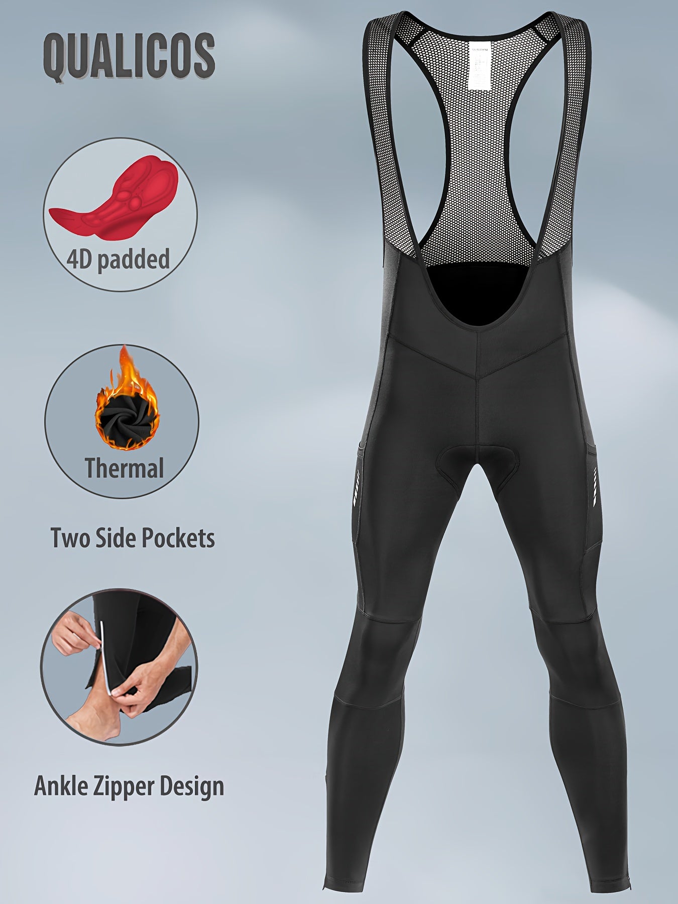 QUALICOS Men'S Insulated Cycling Bib Tights - Cold Weather Pants Featuring Fleece Lining, Shock-Absorbing Padding, Stretchy Mesh Material, Side Pockets & Ankle Zippers - Form-Fitting Bike Leggings for Winter Cycling, Running, And Commuting - Black