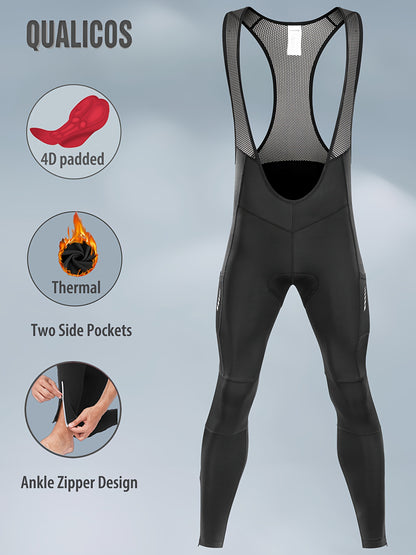 QUALICOS Men'S Insulated Cycling Bib Tights - Cold Weather Pants Featuring Fleece Lining, Shock-Absorbing Padding, Stretchy Mesh Material, Side Pockets & Ankle Zippers - Form-Fitting Bike Leggings for Winter Cycling, Running, And Commuting - Black