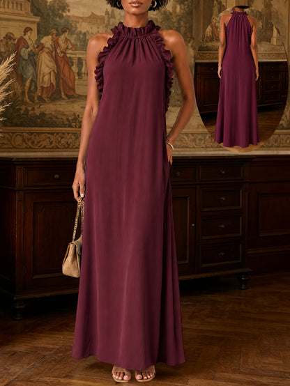 Summer Vacation Style Leaf-Edge Halter-Neck Sleeveless Dress