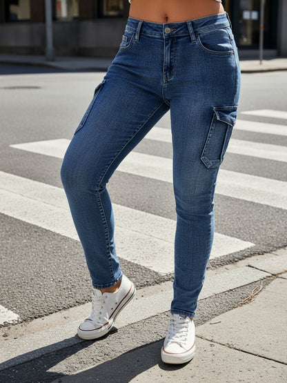 Plus Size Women'S Fashion Skinny Jeans -Comfortable Cargo Denim Pants with Side Pockets
