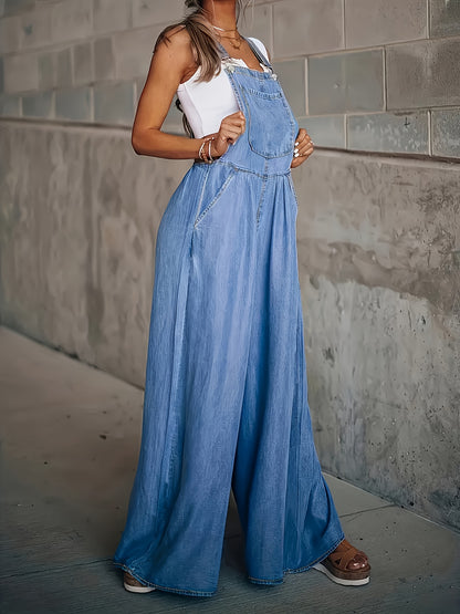 Chic Sleeveless Denim Jumpsuit - Relaxed Fit with Side Pockets, Adjustable Straps - Versatile Day-To-Night Apparel