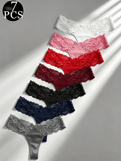 [7pcs Lace Thong Underwear] 7pcs Women's Sexy Semi-Sheer Lace Thong Underwear - Low-Rise Bikini Panties with -String, Soft Breathable G-String Suitable for Mature Ladies, Elegant Lace Trim Bikini Briefs, Hand Washable Low-Rise Tanga for Romantic Dates & C