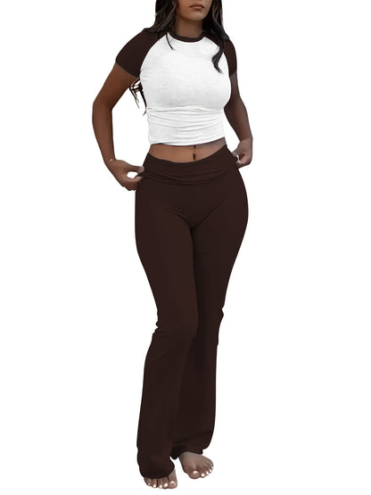 Leisure Women'S Two-Piece Round Neck T-Shirt And Low-Waisted Flared Pants Set Streetwear
