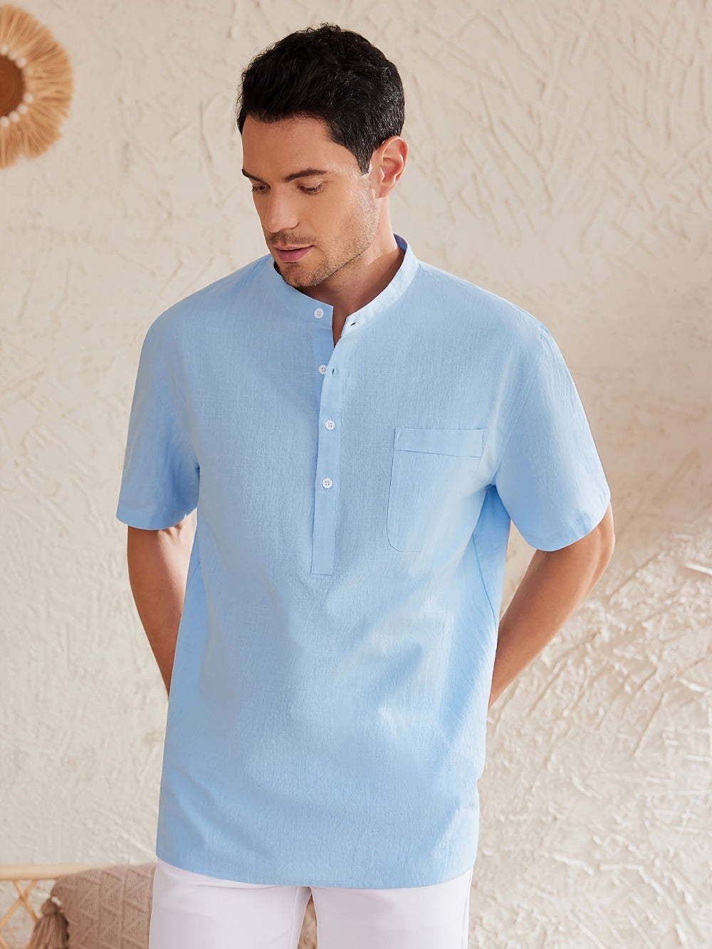Men's Plus Size Henley Shirt – Sky Blue Short Sleeve