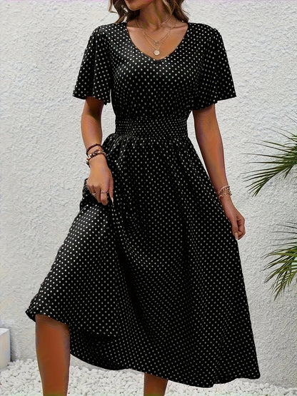 Stylish Pink Polka Dot Midi Dress for Ladies - Casual V-Neck, Ruffled Sleeves, Fitted Waist Design, Made from Lightweight, Ideal for Spring And Summer, Machine Washable