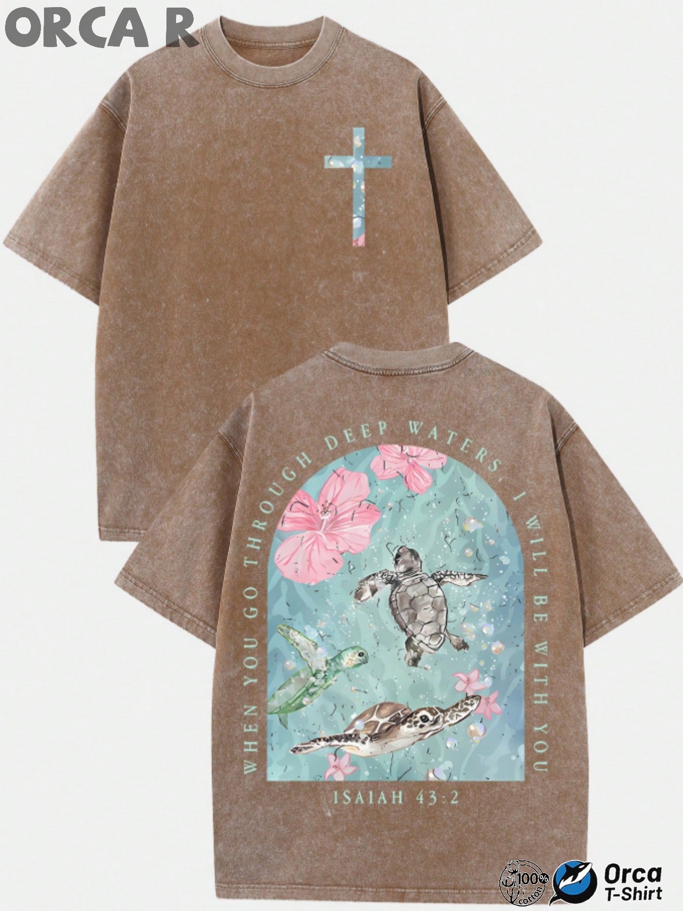 Men's Vintage Washed Pure Cotton T-Shirt - Oversized Streetwear Tee with Sea Turtle & Text Print ("I Will Be with You"), Loose Fit Casual Shirt, Machine Washable Soft Daily Wear