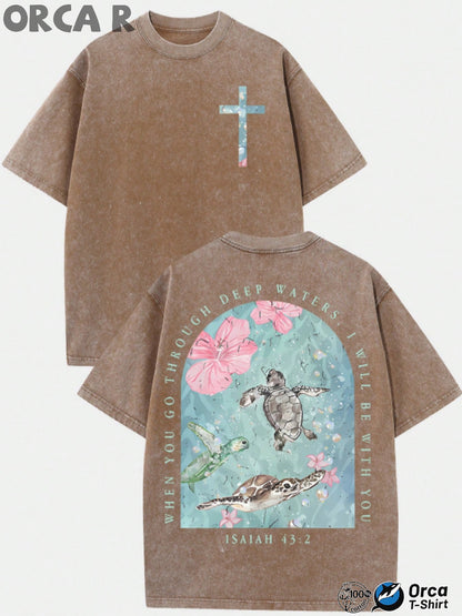 Men's Vintage Washed Pure Cotton T-Shirt - Oversized Streetwear Tee with Sea Turtle & Text Print ("I Will Be with You"), Loose Fit Casual Shirt, Machine Washable Soft Daily Wear