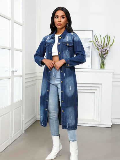 Long Denim Coat with Worn Holes Long Denim Trench Coat for Women