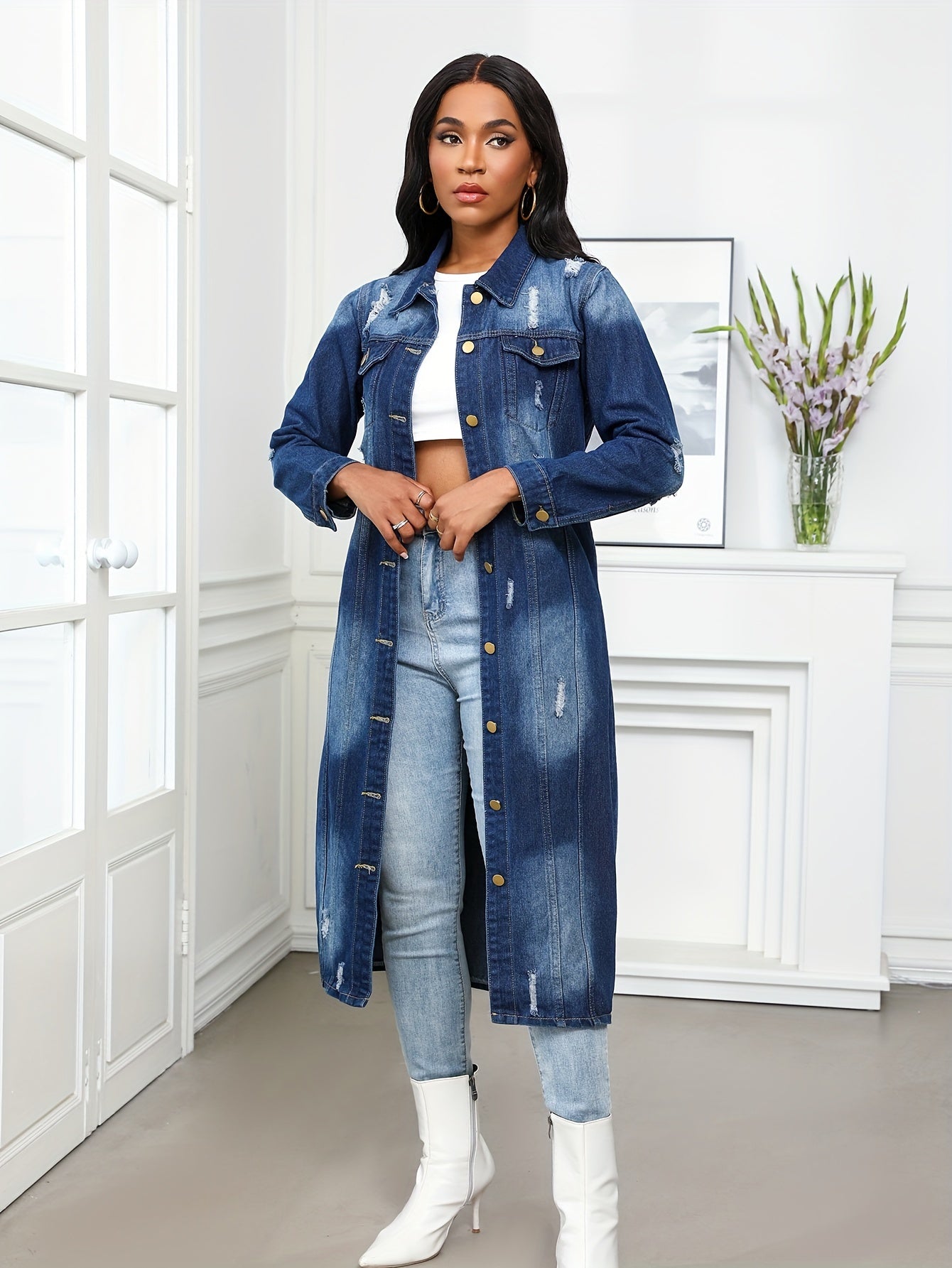 Long Denim Coat with Worn Holes Long Denim Trench Coat for Women