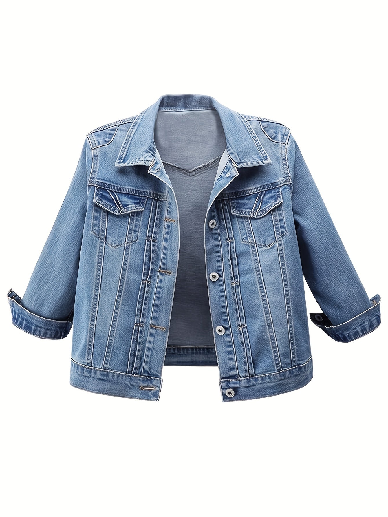 Women'S Vintage Wash Cropped Denim Jacket- Slim Fit Non-See-Through Buttons-Up Coat, Casual Everyday Denim Jacket for Spring/Fall Layering - Perfect for Jeans, Dresses & Skirts, Quality Button Details, Fall Fashion, Durable Fabric, Fall Clothing