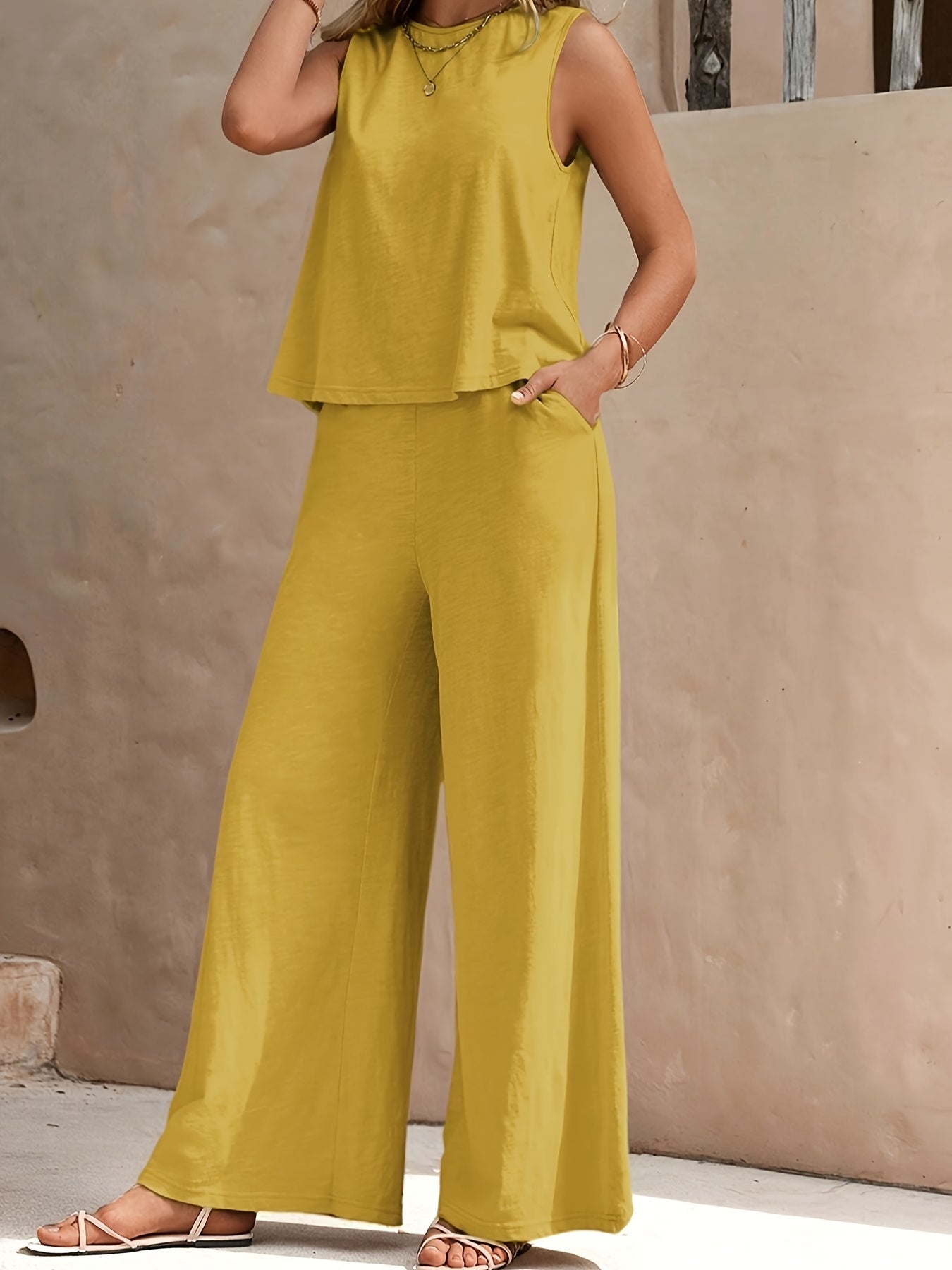 Solid Elegant 2pcs Set, Tank Top & Wide Leg Pants with Pockets Outfits, Women 2pcs Outfits