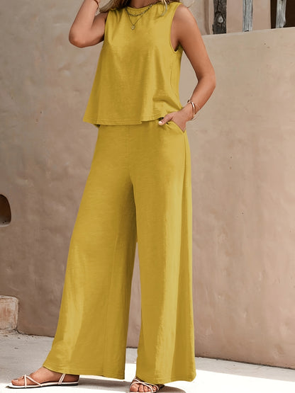 Solid Elegant 2pcs Set, Tank Top & Wide Leg Pants with Pockets Outfits, Women 2pcs Outfits