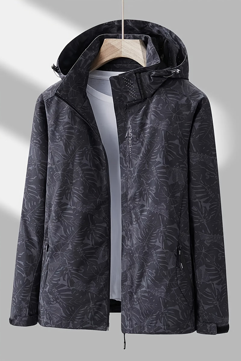 Women's Lightweight Windproof Hooded Jacket - Casual Zip-Up Outdoor Raincoat with Tropical Leaf Print, Removable Hood & Adjustable Cuffs for Spring Summer Fall,, Travel, Camping, Camping Gear, Apparel, Durable Zipper Closure