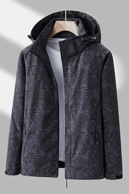 Women's Lightweight Windproof Hooded Jacket - Casual Zip-Up Outdoor Raincoat with Tropical Leaf Print, Removable Hood & Adjustable Cuffs for Spring Summer Fall,, Travel, Camping, Camping Gear, Apparel, Durable Zipper Closure