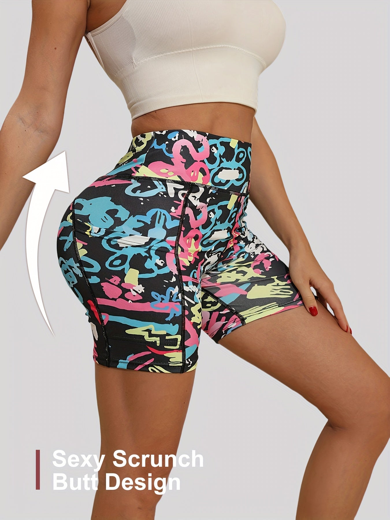 4-Way Stretch Women'S Fashion Printed 3-Inch Shorts Body-Hugging Fit, Tie-Dye Print with Side Pockets, High-Waisted Tummy Control