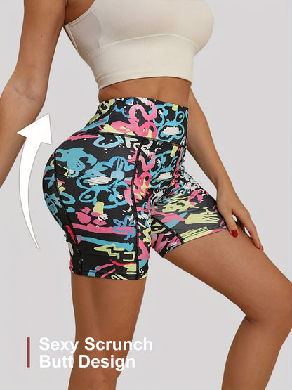 4-Way Stretch Women'S Fashion Printed 3-Inch Shorts Body-Hugging Fit, Tie-Dye Print with Side Pockets, High-Waisted Tummy Control