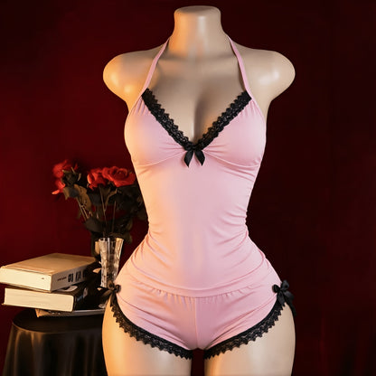 New Arrival Lingerie Seductive Halter Ruffle Sexy 2pcs Pajama Set, Women's Cami & Shorts Loungewear