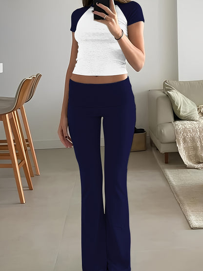 Casual Solid Color Slim Two-piece Pants Set, Short Sleeve Crew Neck T-shirt & Skinny Flared Leg Pants Outfits, Women'S Clothing