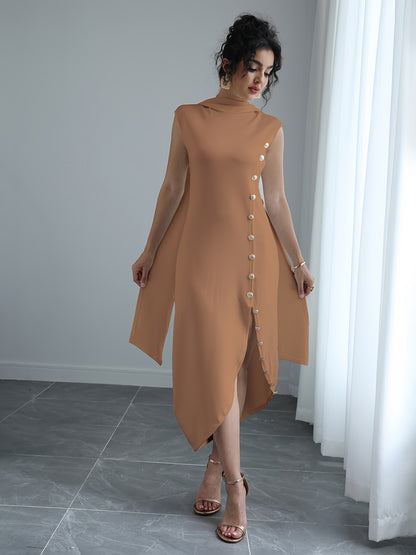 Women'S Elegant High Neck Sleeveless Maxi Dress with Shawl Collar & Split Hem - Solid Color A-Line Silhouette, Floor-Length to Mid-Calf Length Adjustable Maxi Dress for Spring Summer Fall, Casual to Formal Events, Wrinkle-Resistant Fabric (No Lining) - Ve