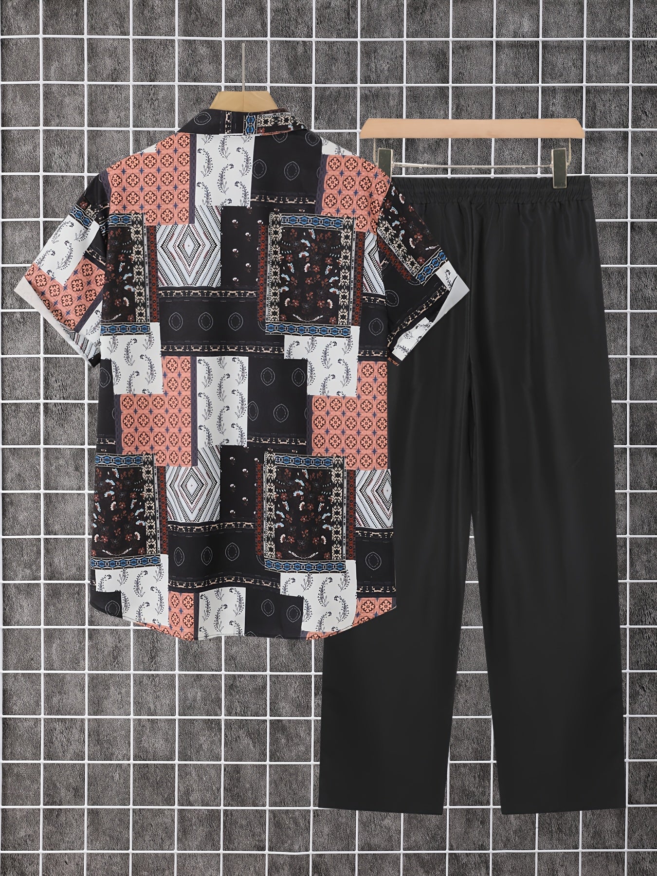2pcs Men'S Summer Short Sleeve Button-Up Shirt and Pants Set - Light Blue Geometric Print, Casual Regular Fit with Drawstring Waist, Non-Stretch Fabric, Perfect for Casual Attire, Everyday Clothing | Geometric Print Shirt | Woven Fabric Shirt