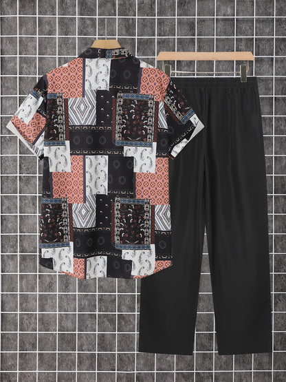 2pcs Men'S Summer Short Sleeve Button-Up Shirt and Pants Set - Light Blue Geometric Print, Casual Regular Fit with Drawstring Waist, Non-Stretch Fabric, Perfect for Casual Attire, Everyday Clothing | Geometric Print Shirt | Woven Fabric Shirt