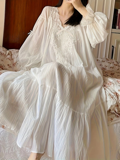 A Single French Court V-Neck Lace-Trimmed Princess Nightgown - a Solid White, Long-Sleeved, Flowing Garment That Is Cozy Enough for Home Wear, Suitable for All Seasons, This Luxurious Adult Nightgown Features Elegant Long Sleeves And Lace