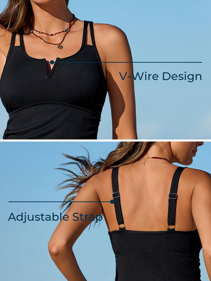 Tankini Swimsuits For Women Bathing Suits Top Ruched Two Piece Tummy Control Round Neck With V-Wire Swim Suits