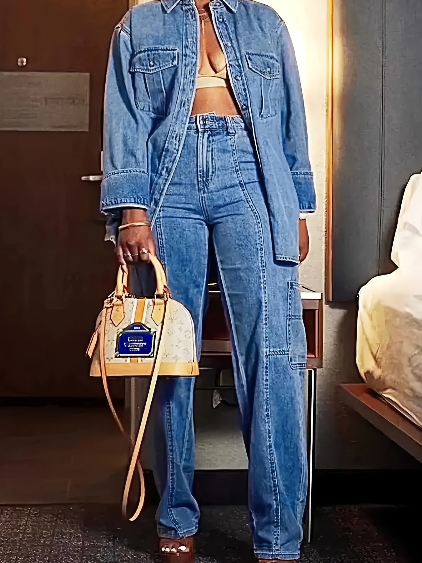 HME New Autumn/Winter Women's Stretch Flare Jeans, Heavy-Duty Washed Vintage Blue, Casual Versatile Pencil Pouch Style, Vintage Women's Denim Pants (No Top Accessories)