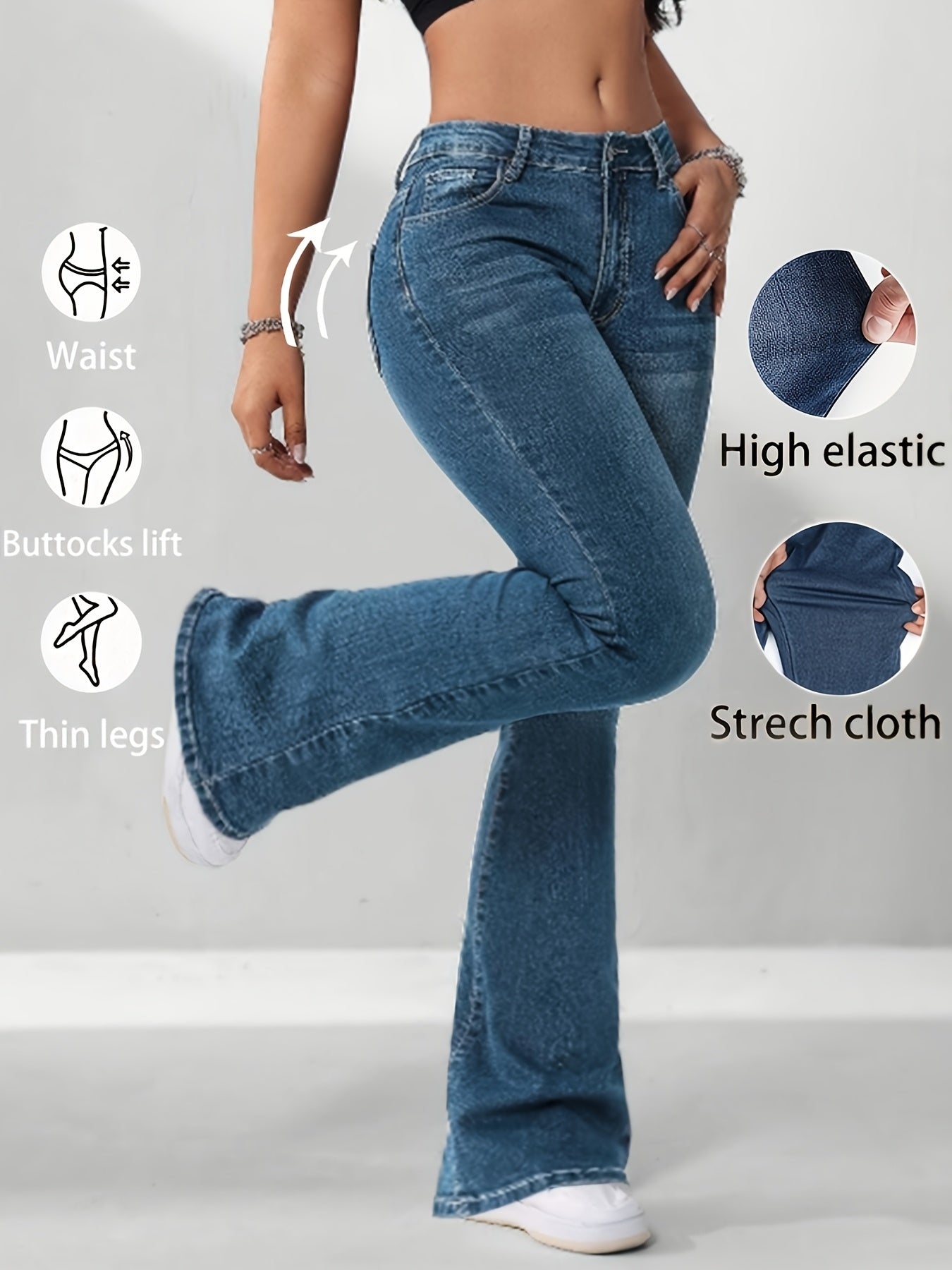 Stylish Versatile Retro Blue High-Waist Stretch Slim-Fit Women'S Flared Jeans