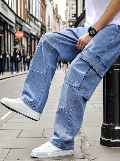 Men's Light Blue Denim Work Pants - Multi-Pocket Wide Leg Trousers Suitable for All- Outdoor Wear, Loose Fit High Street Style with Built-In Zipper Closure, Machine Washable Blended Denim for Casual & Work Pants