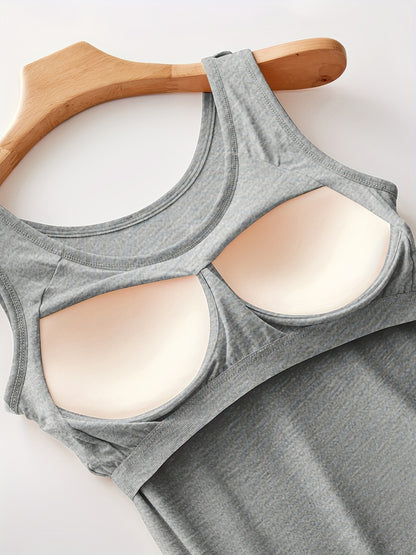 3pcs Solid Color Stretch KnitTank Top, Bottoming Vest T-shirt, Built-in Padded Cups- Regular Length, Round Neck, Casual SportswearWomen'S Comfort Fit Casual Sports Bra With Breathable Fabric- Black&White&Grey