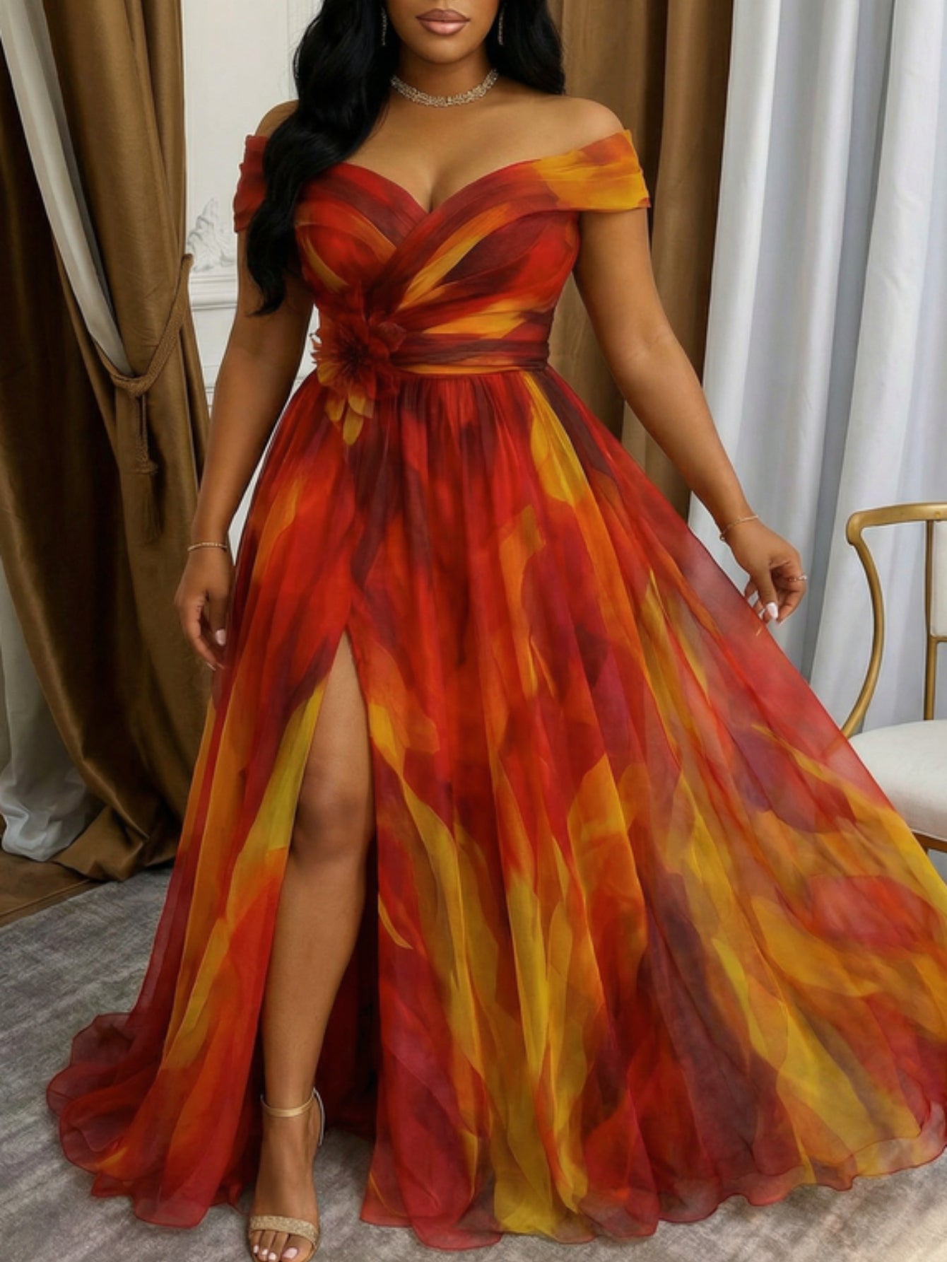 [Formal Gatherings] Plus Size - Plus Size - Plus Size Women's Spring-Summer Off-Shoulder Waist Slit Dress | Exquisite Design Suitable for Formal Gatherings And Light Social Occasions, Showcasing Elegant Temperament, Easily Creating Eye-Catching Proper Loo