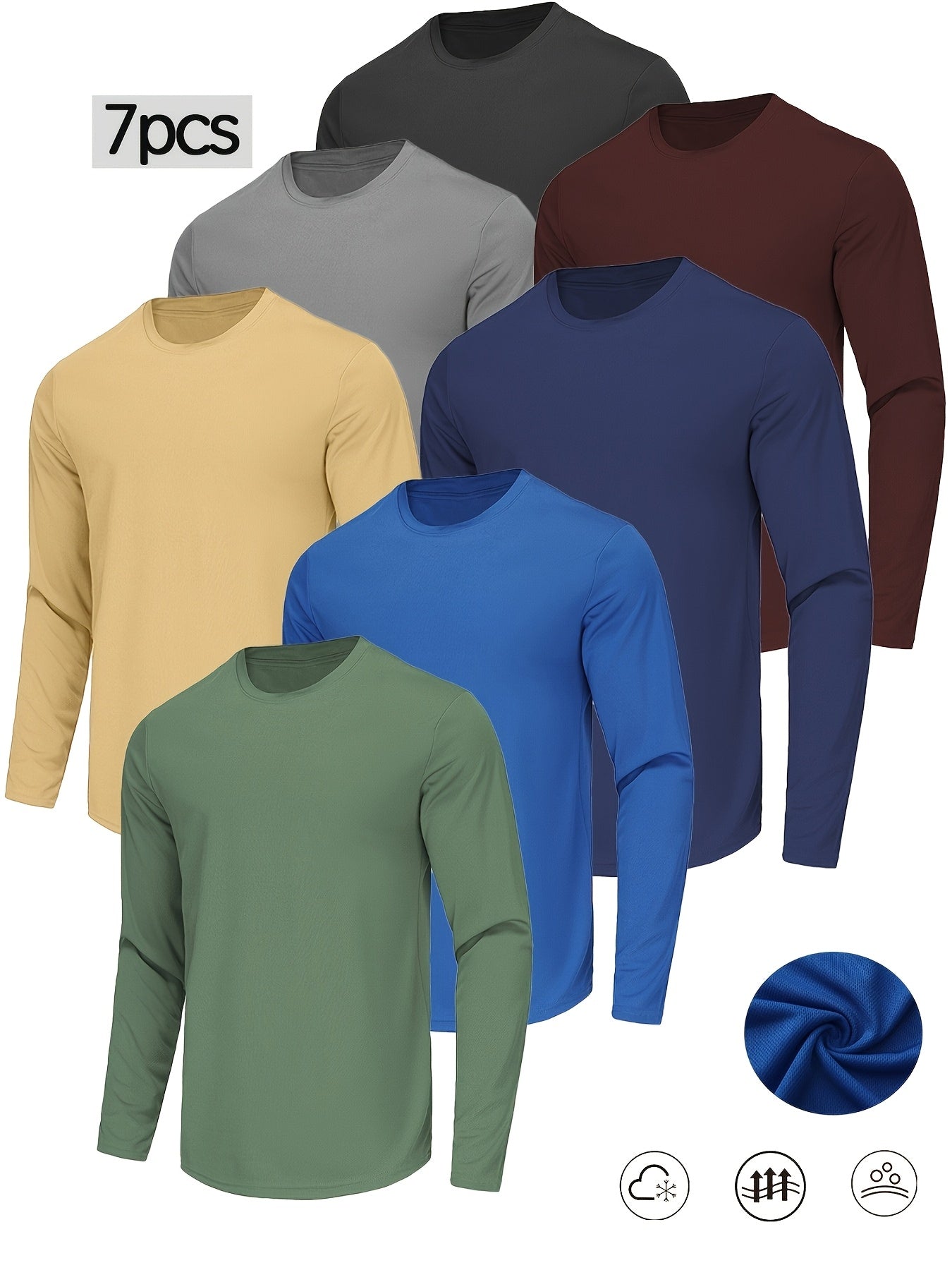 7pcs Set Of Men's Long-sleeved Quick- Shirts, Made Of Breathable Mesh Fabric, Sun-protective And Comfortable, Suitable for Sports And Casual Wear.