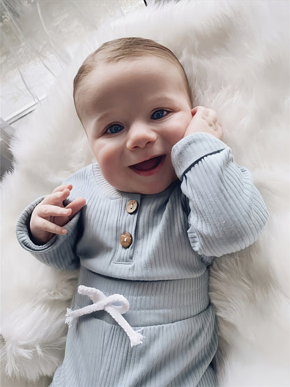 Kukitty Newborn Baby Boys Girls Clothes Unisex Long Sleeve Solid Color Ribbed Bodysuit And Pants Outfits Set, for Outdoor