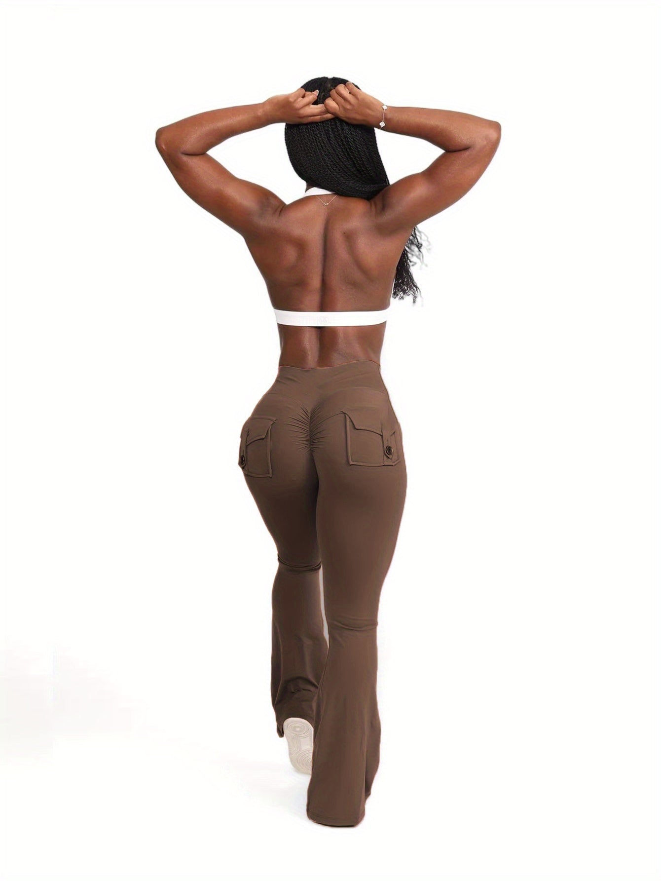 FOEIERAA 1pc Fashion Workwear Style Flare Pants, Women's Casual Flare Pants, High-Waist Pocket Joggers, Workwear Style Peach Butt Yoga Pants, Quick-Dry Tummy Control Butt Lifting Sexy Long Pants, Flare Leggings