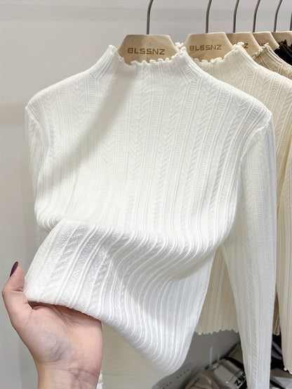 Soft Lettuce Trim Mock Neck Pullover Sweater - Ultra-Soft And Cozy Casual Wear With Long Sleeves For Maximum Comfort, Versatile Inner Wear For Layering, Perfect For Transitional Seasons (Spring And Fall) - Exclusively Designed For Women