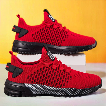 [Breathable Mesh Sneakers] Men's Breathable Mesh Sneakers - Ultra-Comfortable, Non-Slip, Geometric Print With Red Accents - Perfect For Running, Basketball, Tennis, And Casual Wear - Lightweight And Stylish For Active Men