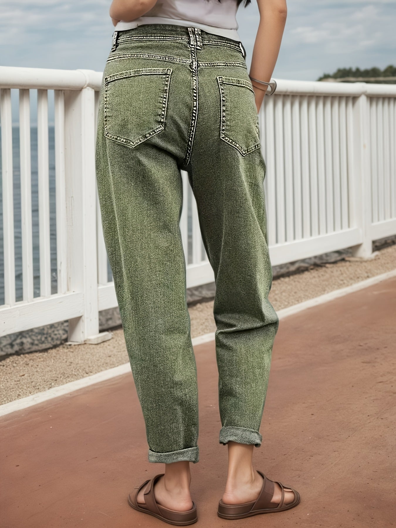 Women's Mid-Rise Distressed Stretch Jeans - Retro Button Placket & Slanted Straight-Leg Loose Fit Pants with Belt Loops, Olive Green/Brown Washed, Machine Washable All-Season Casual Trousers Suitable for Casual Attire & Layering