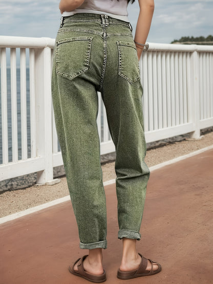 Women's Mid-Rise Distressed Stretch Jeans - Retro Button Placket & Slanted Straight-Leg Loose Fit Pants with Belt Loops, Olive Green/Brown Washed, Machine Washable All-Season Casual Trousers Suitable for Casual Attire & Layering