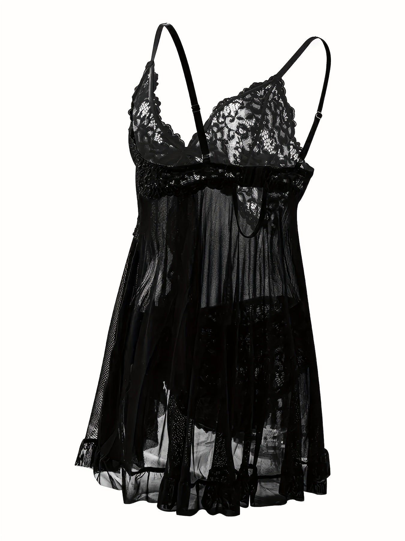 Big Size Sultry Valentine Lace Sleepwear Dress Set - Exquisite Lace, Flattering V-Neckline, Daring Backless Design, Delicate Ruffle Trim, Trendy Split Hem, Seductive Thong Detail, Ultra-Comfortable Fabric, Perfect For Romantic Night, Anniversary Gift