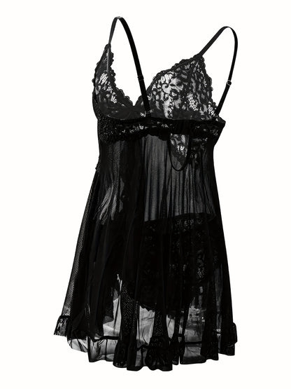 Big Size Sultry Valentine Lace Sleepwear Dress Set - Exquisite Lace, Flattering V-Neckline, Daring Backless Design, Delicate Ruffle Trim, Trendy Split Hem, Seductive Thong Detail, Ultra-Comfortable Fabric, Perfect For Romantic Night, Anniversary Gift