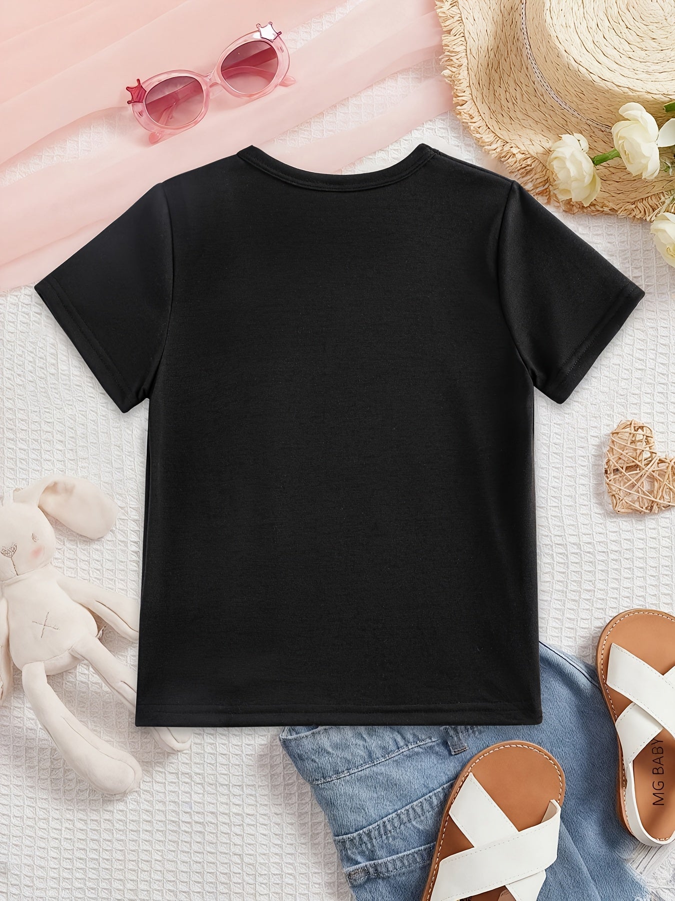 [Candy-Themed Graphic Tee] Fun Candy-Themed Graphic Tee - Vibrant White T-Shirt with 'LIGHTS CAMERA DANCE SMILE' Text in Playful Font & Decorative Elements Perfect for a Casual Day Out or Indoor Activities, -Expressing Top for Young Children Only One Piec