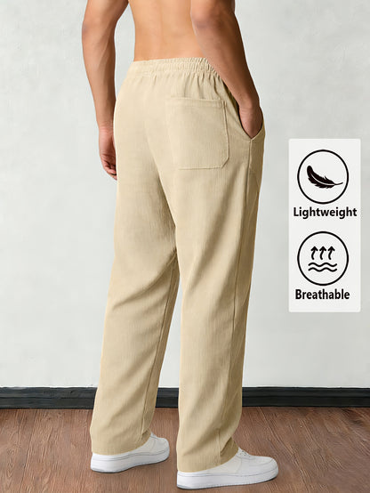 Men'S Solid Corduroy Straight Pants, Retro Pocket And Drawstring Waist, Breathable All-Season Trousers, Casual Daily And Workwear, Machine Washable, Comfortable Straight Fit Pants for Daily Activities