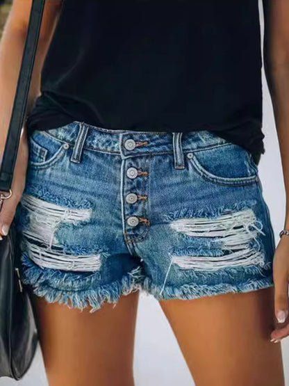 Women's Stretch Denim-Style Casual Shorts - Mid-Rise Straight-Leg Ripped Frayed Hem, 85% Polyester 15% Spandex, Machine Washable Summer Hot Pants