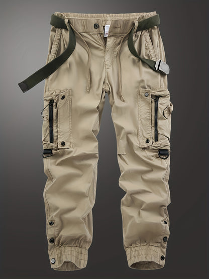 Solid Cargo Men's Casual Long Pants with Multiple Pockets AndButtons, Outdoor Hiking Camping Mountaineering
