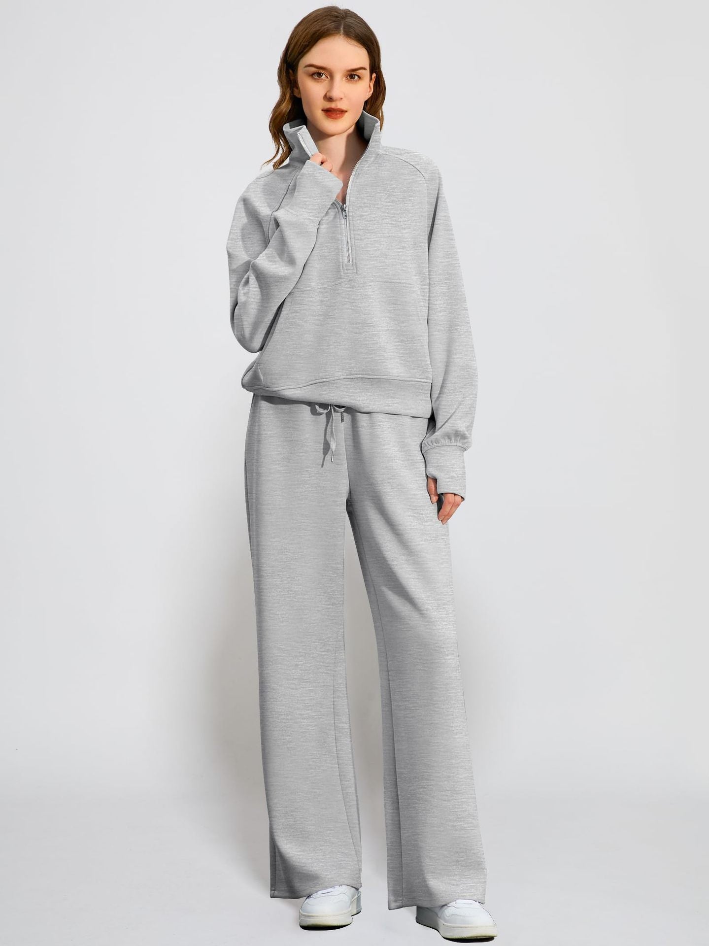2Pcss Outfits for Women, Oversized Half-Zip Sweatshirt And Wide Leg Sweatpants Set, 2026 Spring Casual Lounge Tracksuit Women'S Trendy 2Pcss Matching Set, Oversized Quarter-Zip Pullover And Loose Wide Leg Trousers, Chic Spring Sporty Outfits