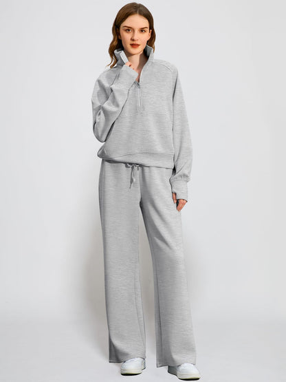 2Pcss Outfits for Women, Oversized Half-Zip Sweatshirt And Wide Leg Sweatpants Set, 2026 Spring Casual Lounge Tracksuit Women'S Trendy 2Pcss Matching Set, Oversized Quarter-Zip Pullover And Loose Wide Leg Trousers, Chic Spring Sporty Outfits